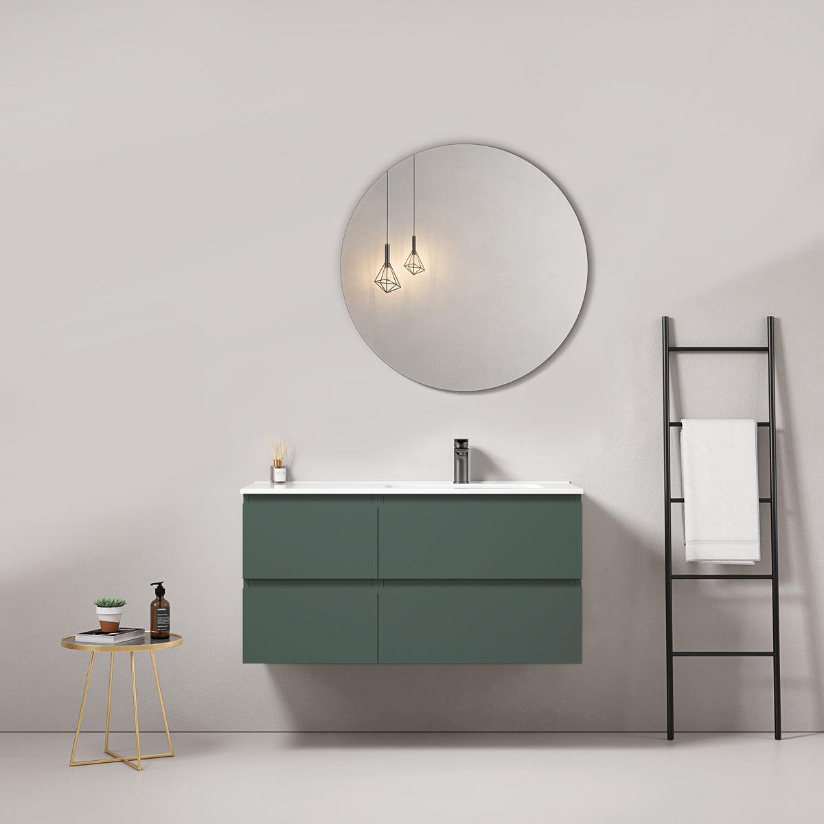Mobile bagno sospeso 100 cm Verde Comodoro Lavabo a Destra in Ceramica Specchio Tondo - Fiji Paint
