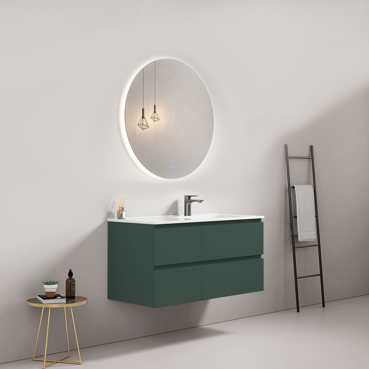 Mobile bagno sospeso 100 cm Verde Comodoro Lavabo a Destra in Ceramica Specchio Tondo Retroilluminato - Fiji Paint