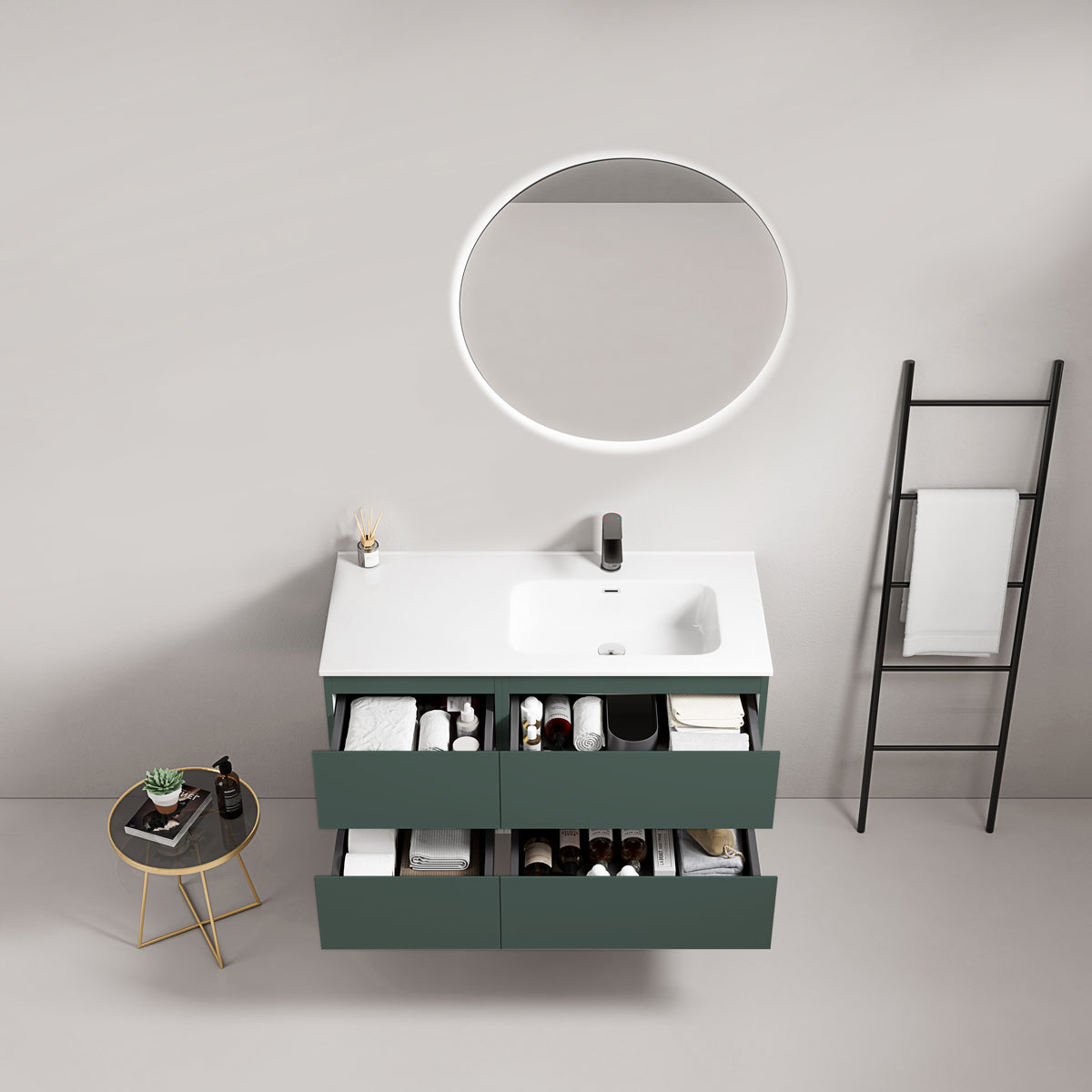 Mobile bagno sospeso 100 cm Verde Comodoro Lavabo a Destra in Ceramica Specchio Tondo Retroilluminato - Fiji Paint
