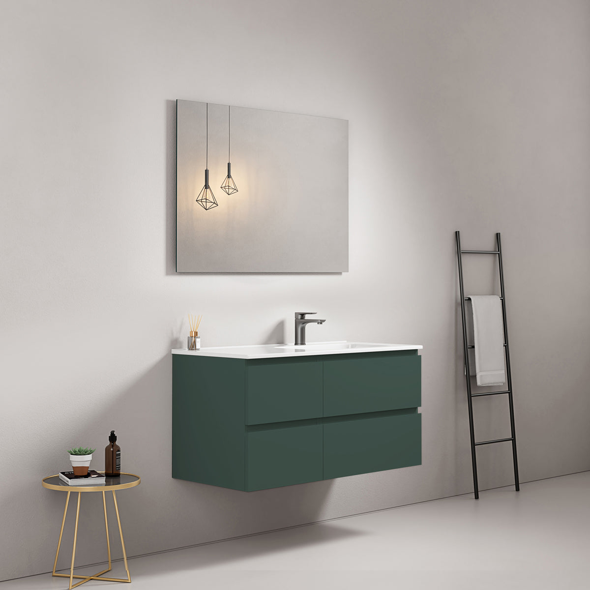 Mobile bagno sospeso 100 cm Verde Comodoro Lavabo a Destra in Ceramica Specchio Quadro - Fiji Paint