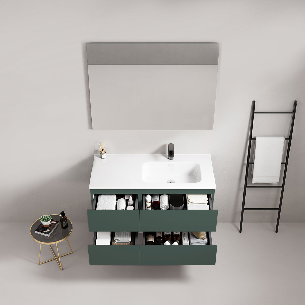 Mobile bagno sospeso 100 cm Verde Comodoro Lavabo a Destra in Ceramica Specchio Quadro - Fiji Paint