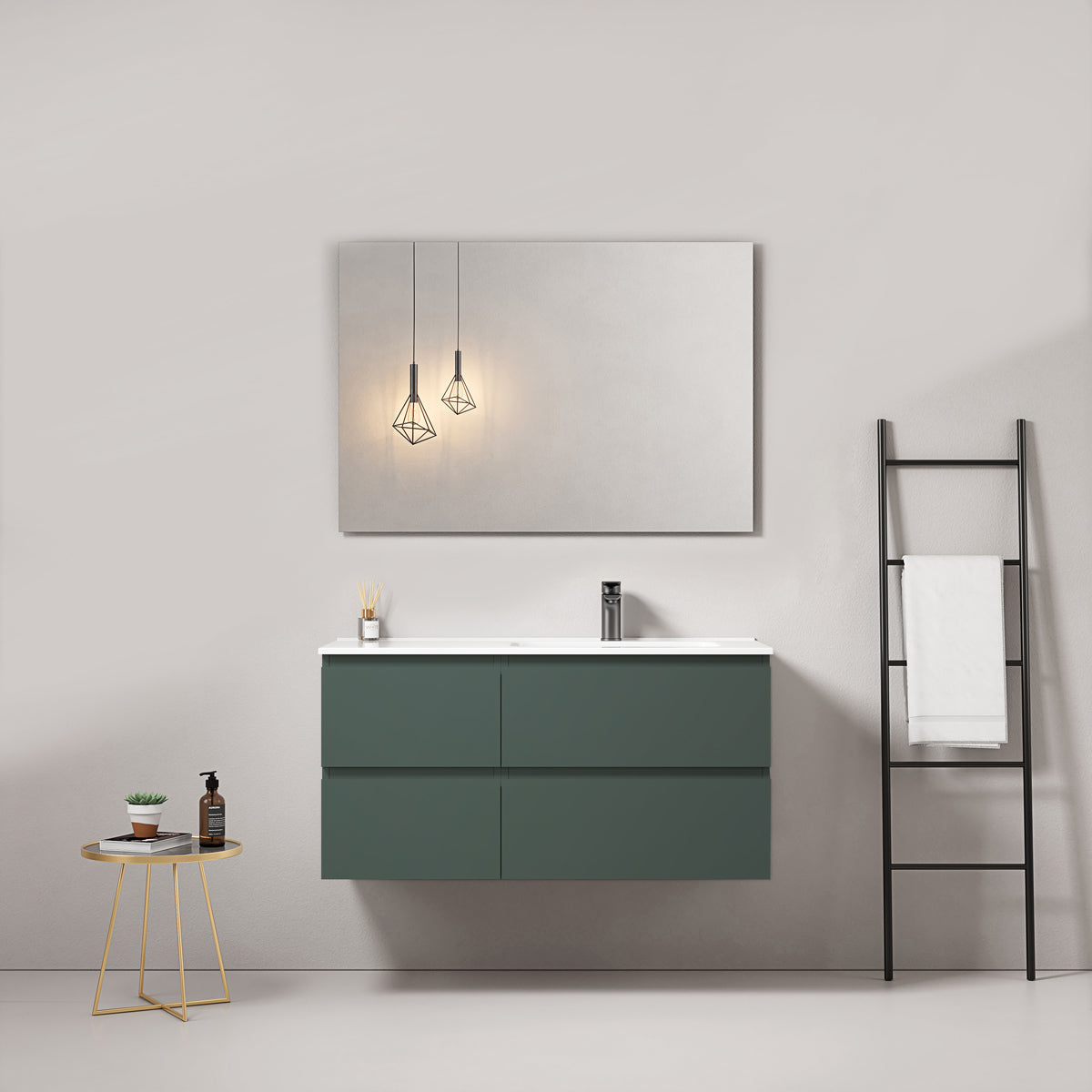 Mobile bagno sospeso 100 cm Verde Comodoro Lavabo a Destra in Ceramica Specchio Quadro - Fiji Paint