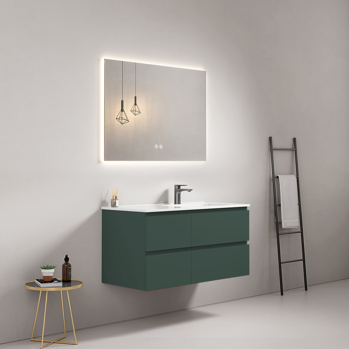 Mobile bagno sospeso 100 cm Verde Comodoro Lavabo a Destra in Ceramica Specchio Quadro Retroilluminato - Fiji Paint
