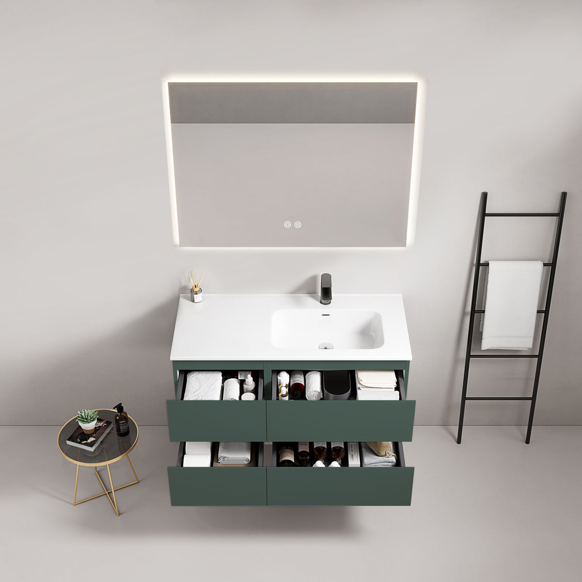 Mobile bagno sospeso 100 cm Verde Comodoro Lavabo a Destra in Ceramica Specchio Quadro Retroilluminato - Fiji Paint