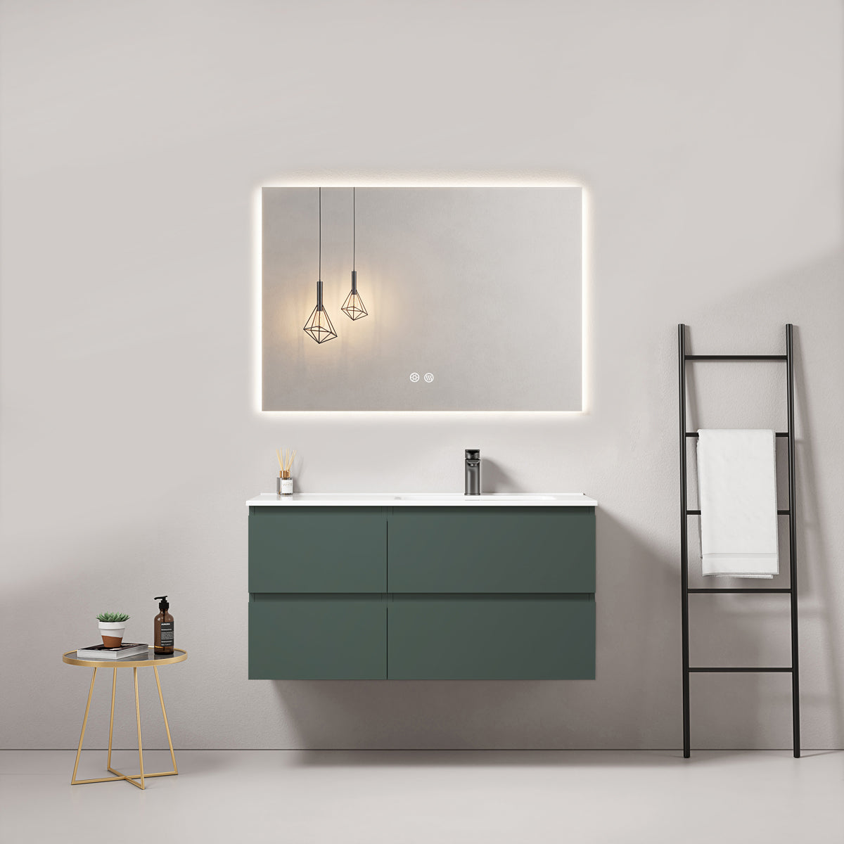 Mobile bagno sospeso 100 cm Verde Comodoro Lavabo a Destra in Ceramica Specchio Quadro Retroilluminato - Fiji Paint