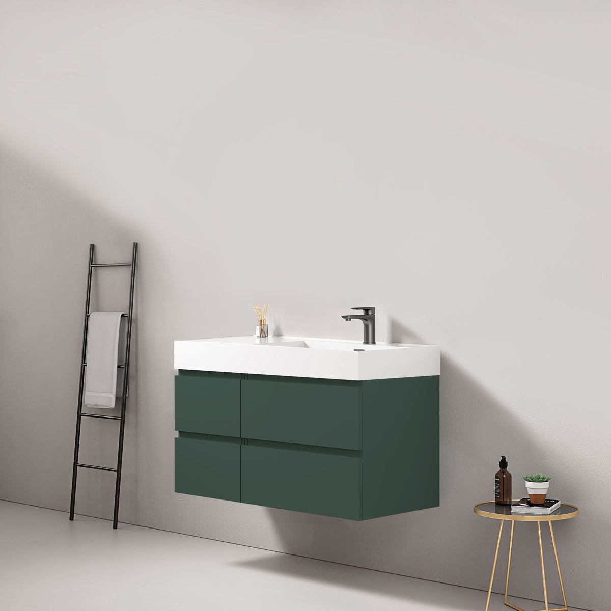 Mobile bagno sospeso 100 cm Verde Comodoro Lavabo a Destra in Resina Senza Specchio - Fiji Paint