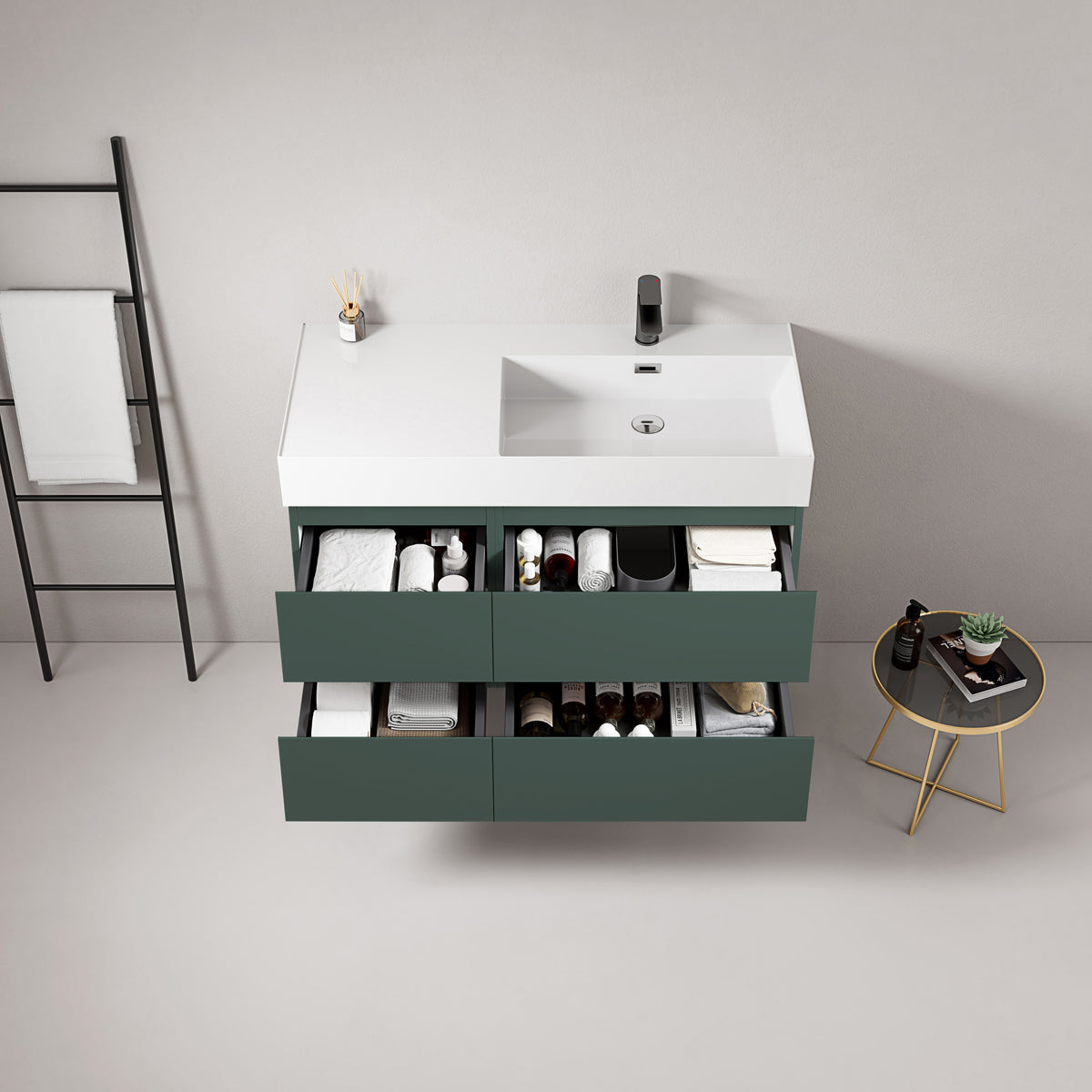 Mobile bagno sospeso 100 cm Verde Comodoro Lavabo a Destra in Resina Senza Specchio - Fiji Paint