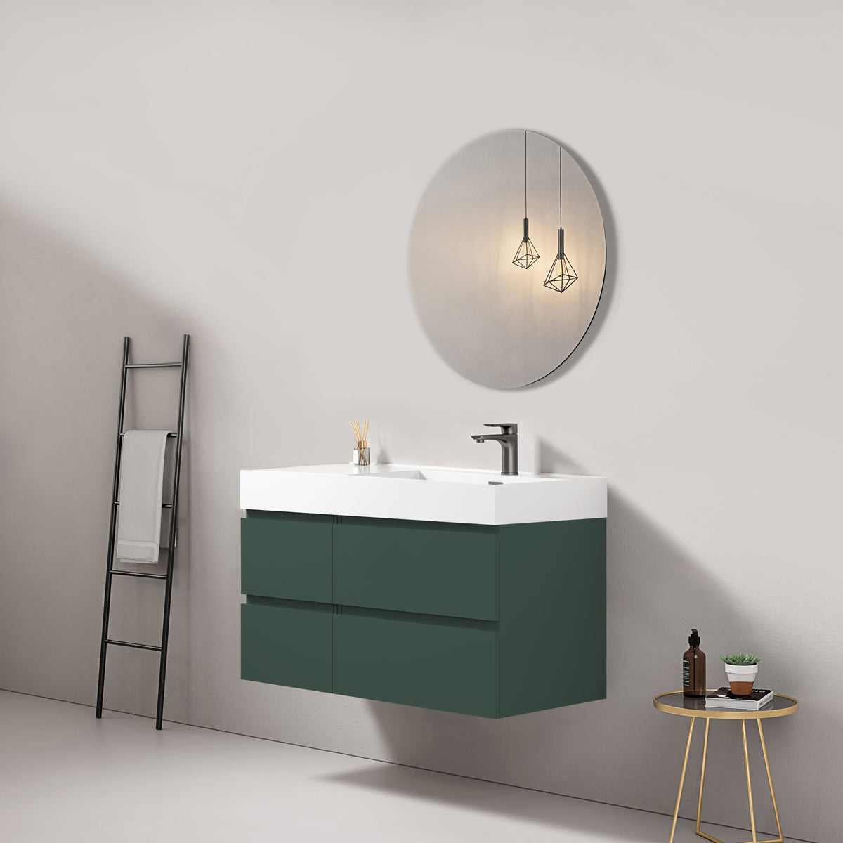 Mobile bagno sospeso 100 cm Verde Comodoro Lavabo a Destra in Resina Specchio Tondo - Fiji Paint
