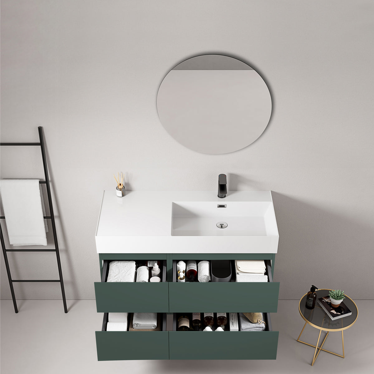 Mobile bagno sospeso 100 cm Verde Comodoro Lavabo a Destra in Resina Specchio Tondo - Fiji Paint