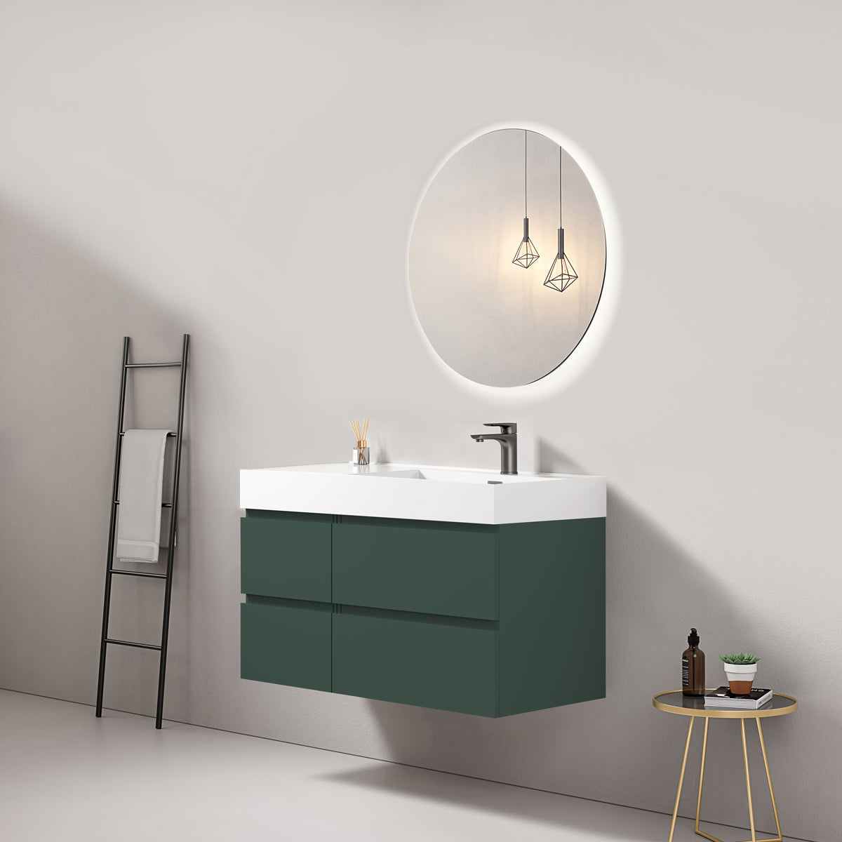 Mobile bagno sospeso 100 cm Verde Comodoro Lavabo a Destra in Resina Specchio Tondo Retroilluminato - Fiji Paint