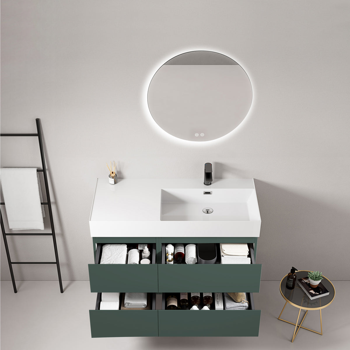 Mobile bagno sospeso 100 cm Verde Comodoro Lavabo a Destra in Resina Specchio Tondo Retroilluminato - Fiji Paint