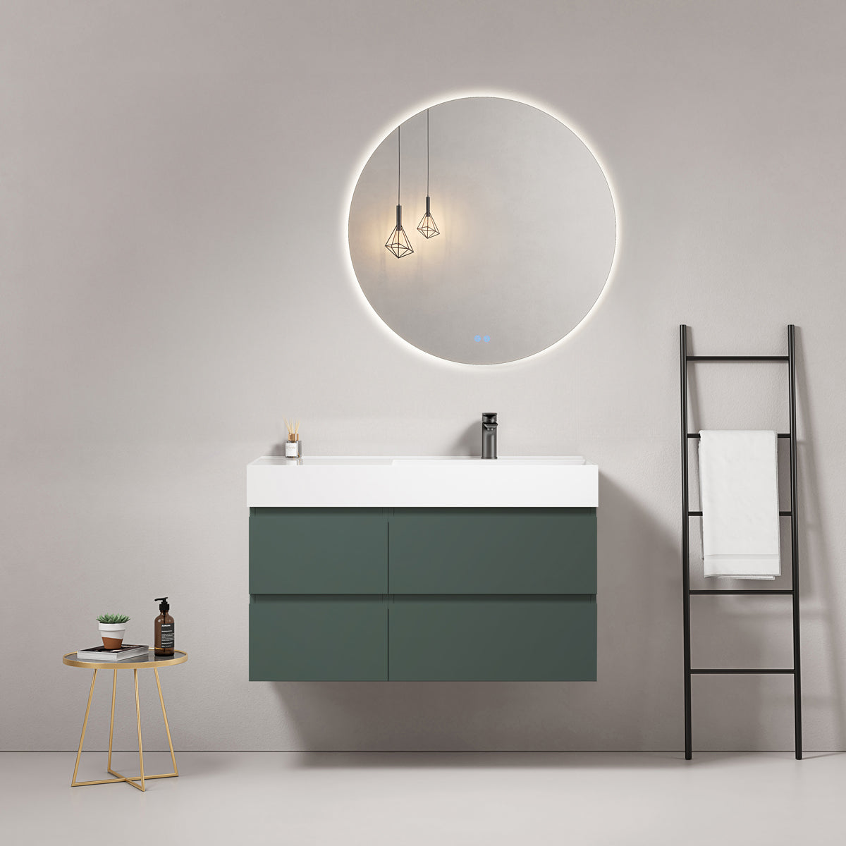 Mobile bagno sospeso 100 cm Verde Comodoro Lavabo a Destra in Resina Specchio Tondo Retroilluminato - Fiji Paint