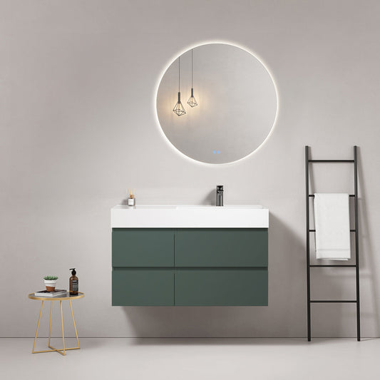 Mobile bagno sospeso 100 cm Verde Comodoro Lavabo a Destra in Resina Specchio Tondo Retroilluminato - Fiji Paint