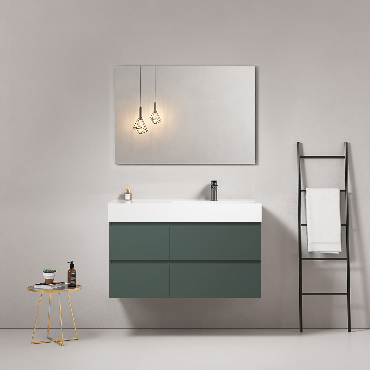 Mobile bagno sospeso 100 cm Verde Comodoro Lavabo a Destra in Resina Specchio Quadro - Fiji Paint
