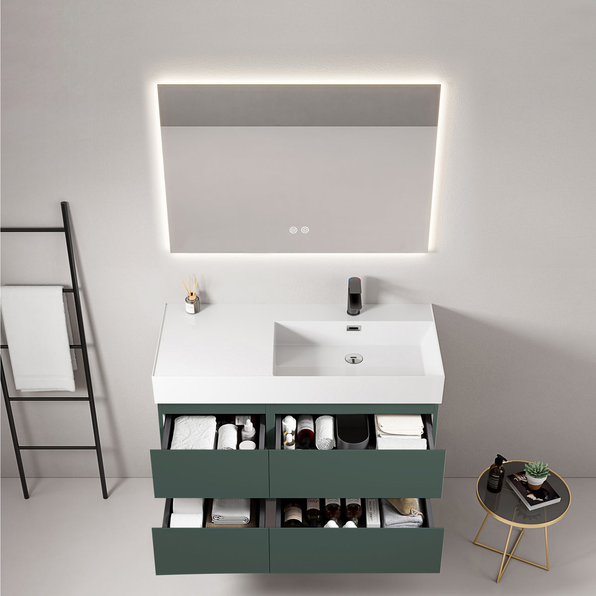 Mobile bagno sospeso 100 cm Verde Comodoro Lavabo a Destra in Resina Specchio Quadro Retroilluminato - Fiji Paint