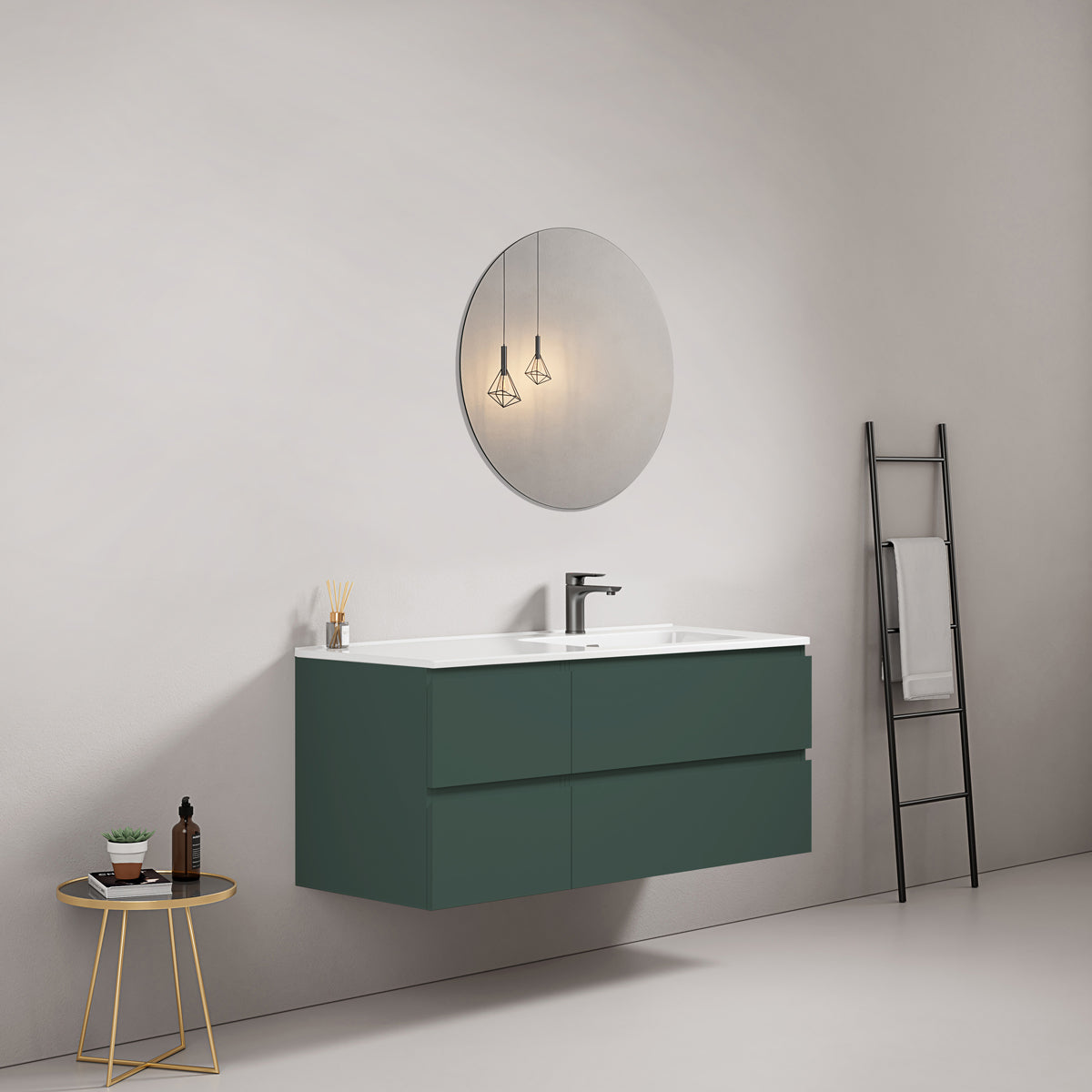 Mobile bagno sospeso 120 cm Verde Comodoro Lavabo a Destra in Ceramica Specchio Tondo - Fiji Paint