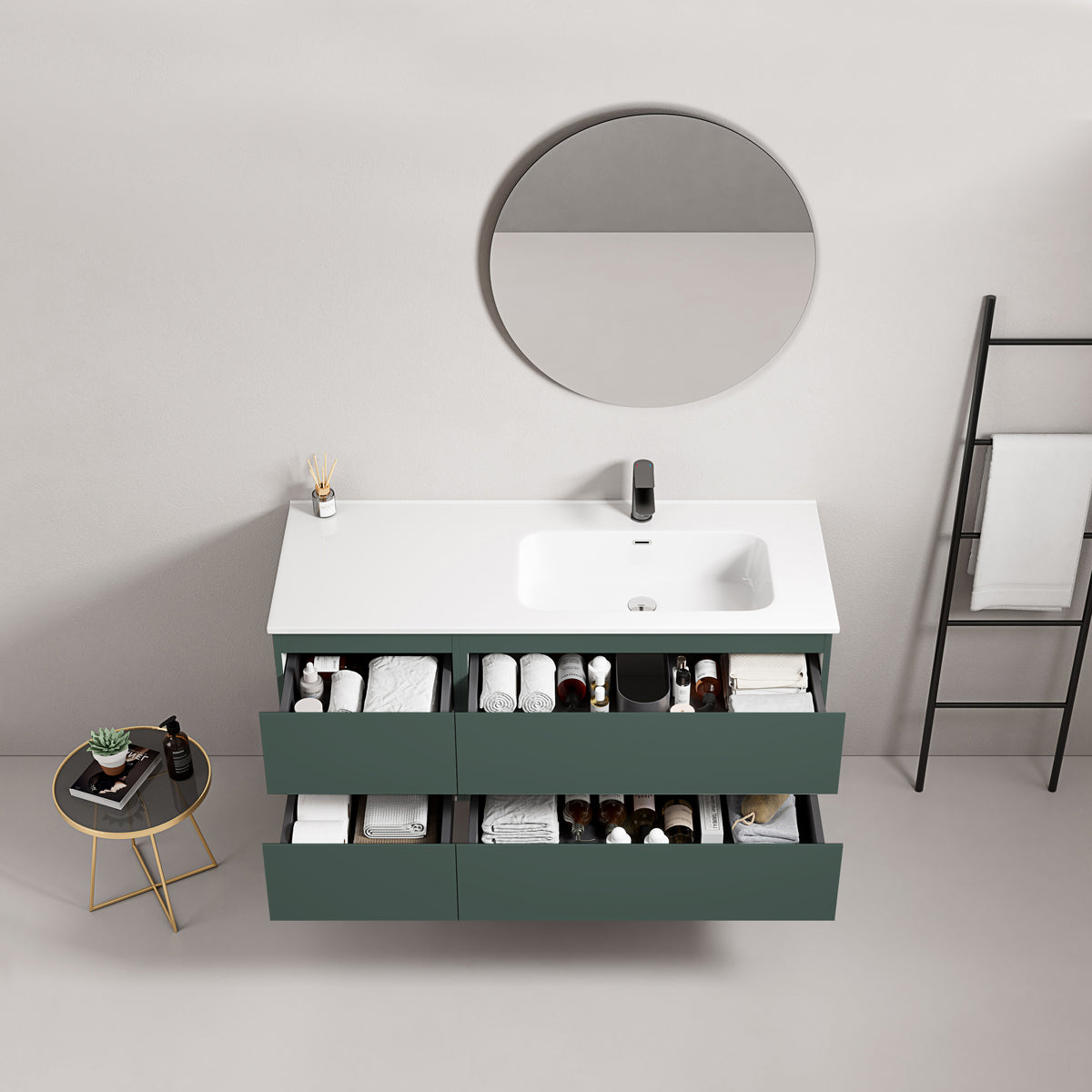 Mobile bagno sospeso 120 cm Verde Comodoro Lavabo a Destra in Ceramica Specchio Tondo - Fiji Paint