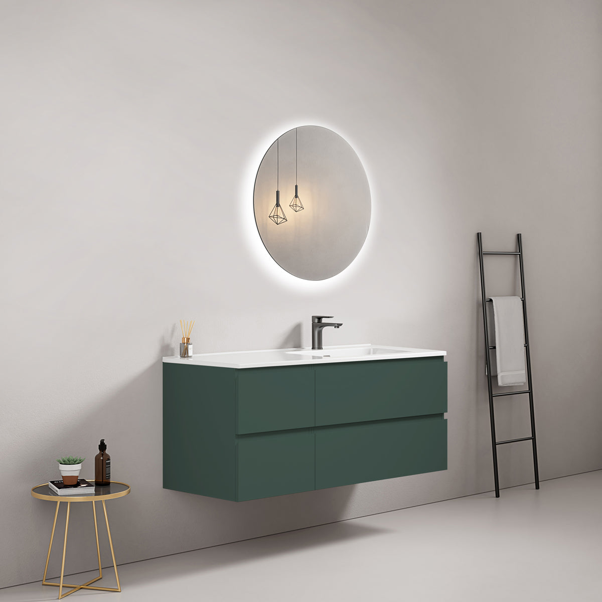 Mobile bagno sospeso 120 cm Verde Comodoro Lavabo a Destra in Ceramica Specchio Tondo Retroilluminato - Fiji Paint
