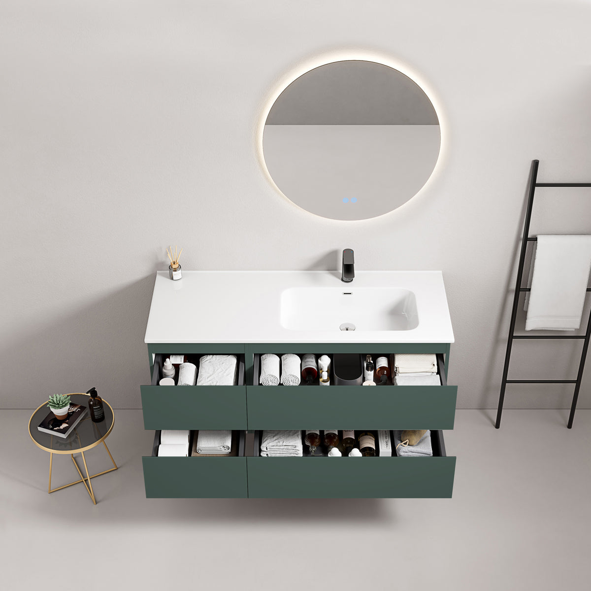 Mobile bagno sospeso 120 cm Verde Comodoro Lavabo a Destra in Ceramica Specchio Tondo Retroilluminato - Fiji Paint