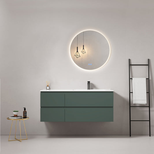 Mobile bagno sospeso 120 cm Verde Comodoro Lavabo a Destra in Ceramica Specchio Tondo Retroilluminato - Fiji Paint