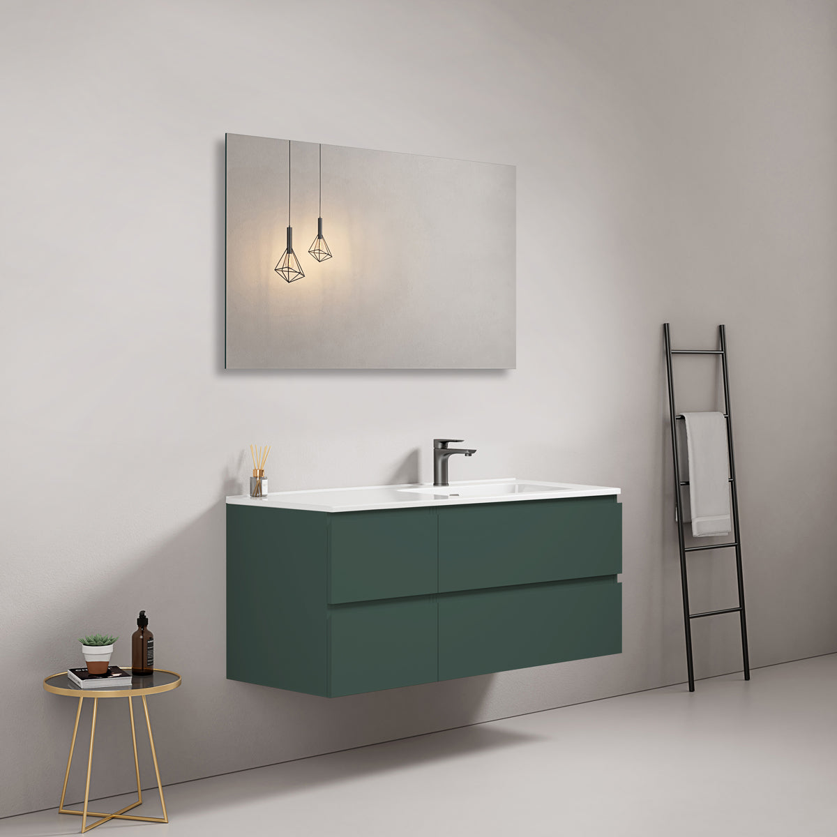 Mobile bagno sospeso 120 cm Verde Comodoro Lavabo a Destra in Ceramica Specchio Quadro - Fiji Paint