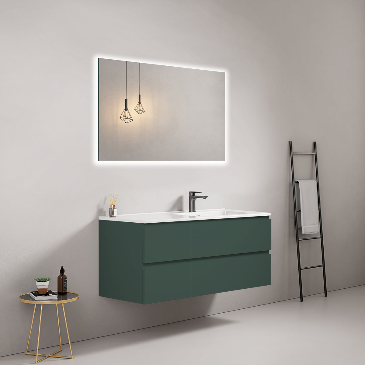 Mobile bagno sospeso 120 cm Verde Comodoro Lavabo a Destra in Ceramica Specchio Quadro Retroilluminato - Fiji Paint