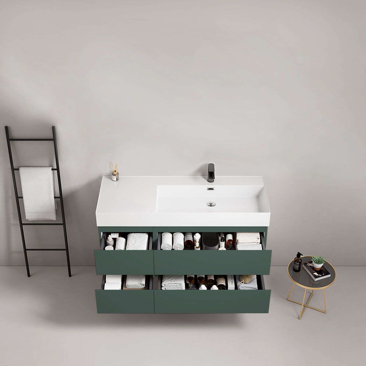 Mobile bagno sospeso 120 cm Verde Comodoro Lavabo a Destra in Resina Senza Specchio - Fiji Paint