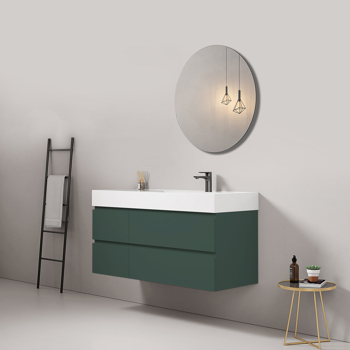 Mobile bagno sospeso 120 cm Verde Comodoro Lavabo a Destra in Resina Specchio Tondo - Fiji Paint