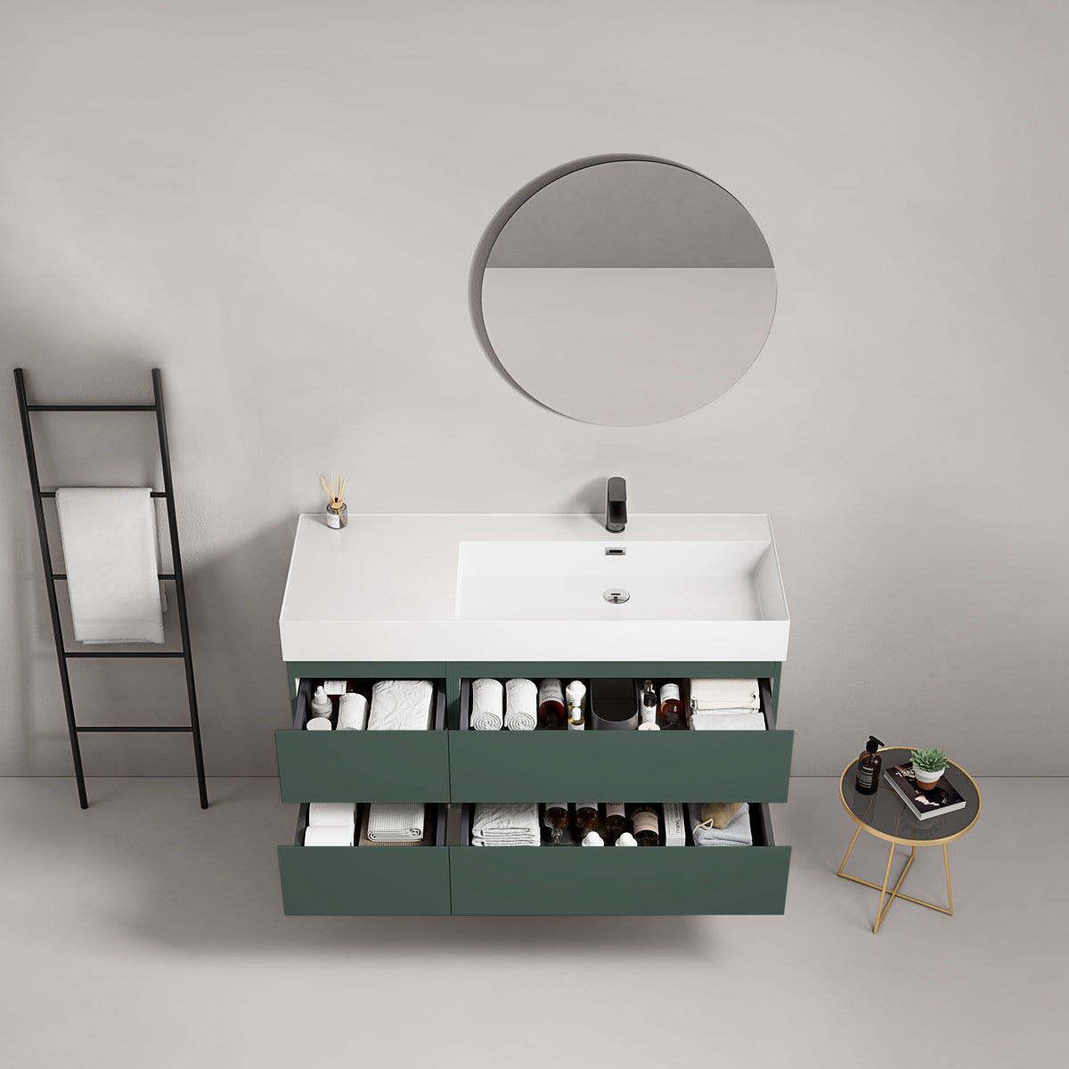 Mobile bagno sospeso 120 cm Verde Comodoro Lavabo a Destra in Resina Specchio Tondo - Fiji Paint