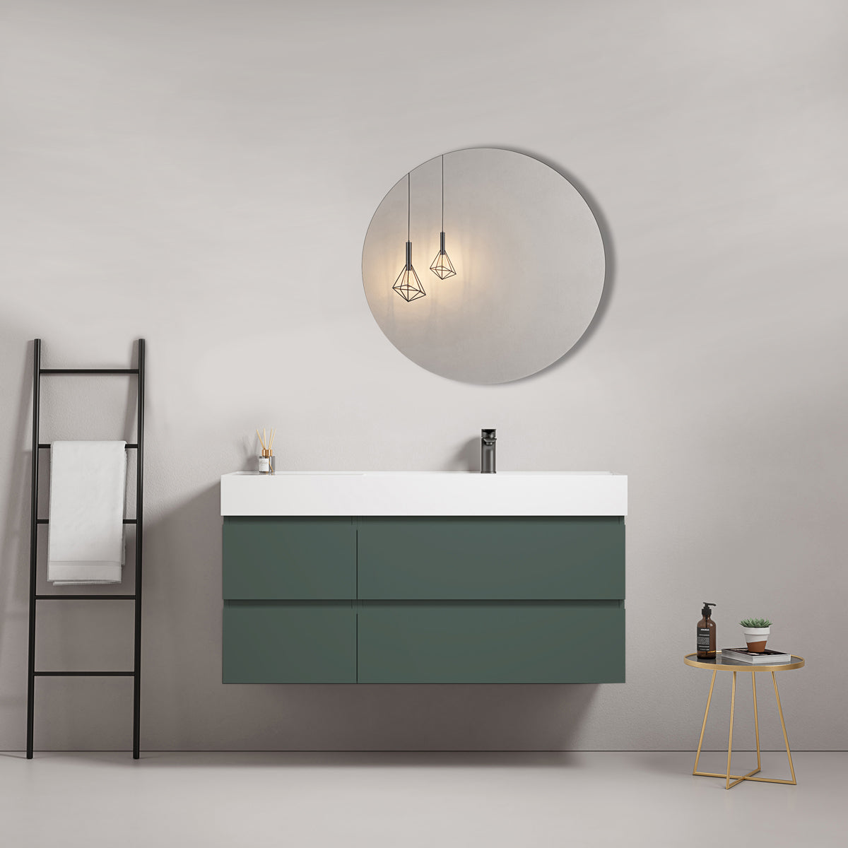 Mobile bagno sospeso 120 cm Verde Comodoro Lavabo a Destra in Resina Specchio Tondo - Fiji Paint