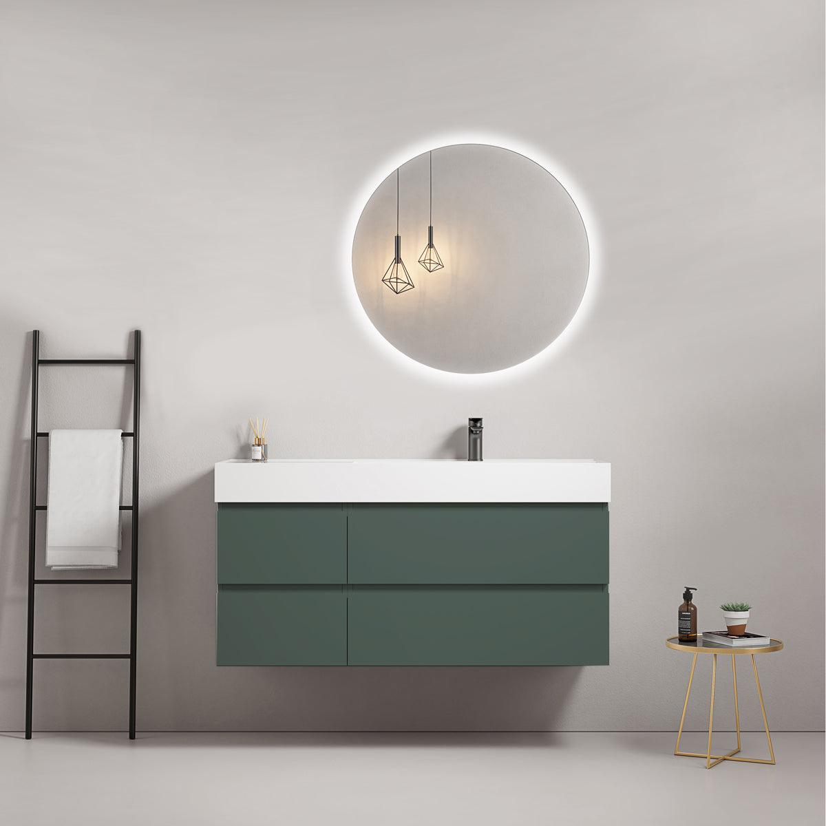 Mobile bagno sospeso 120 cm Verde Comodoro Lavabo a Destra in Resina Specchio Tondo Retroilluminato - Fiji Paint