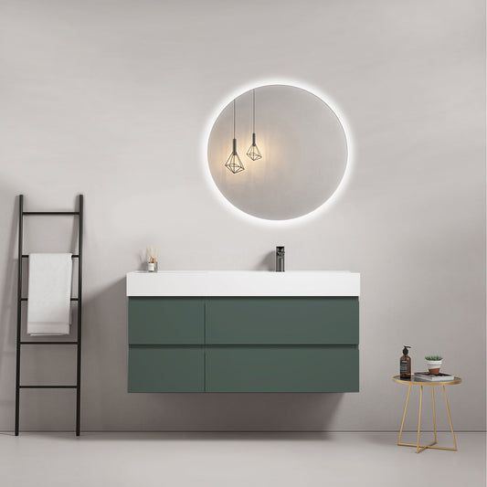 Mobile bagno sospeso 120 cm Verde Comodoro Lavabo a Destra in Resina Specchio Tondo Retroilluminato - Fiji Paint