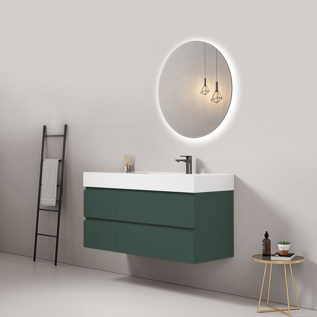 Mobile bagno sospeso 120 cm Verde Comodoro Lavabo a Destra in Resina Specchio Tondo Retroilluminato - Fiji Paint