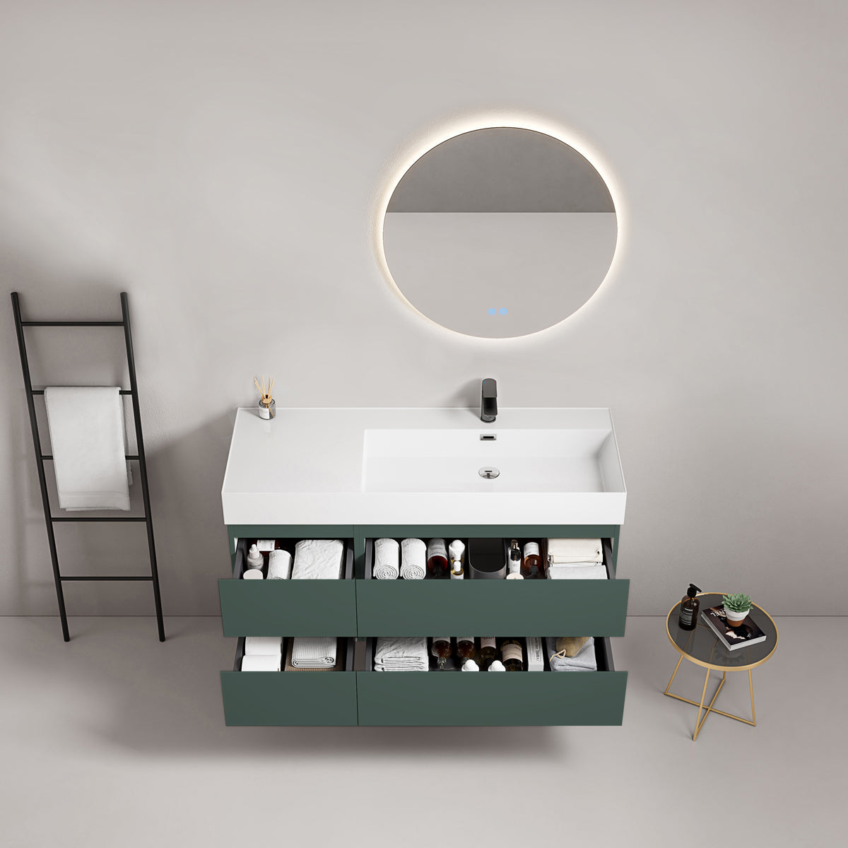 Mobile bagno sospeso 120 cm Verde Comodoro Lavabo a Destra in Resina Specchio Tondo Retroilluminato - Fiji Paint