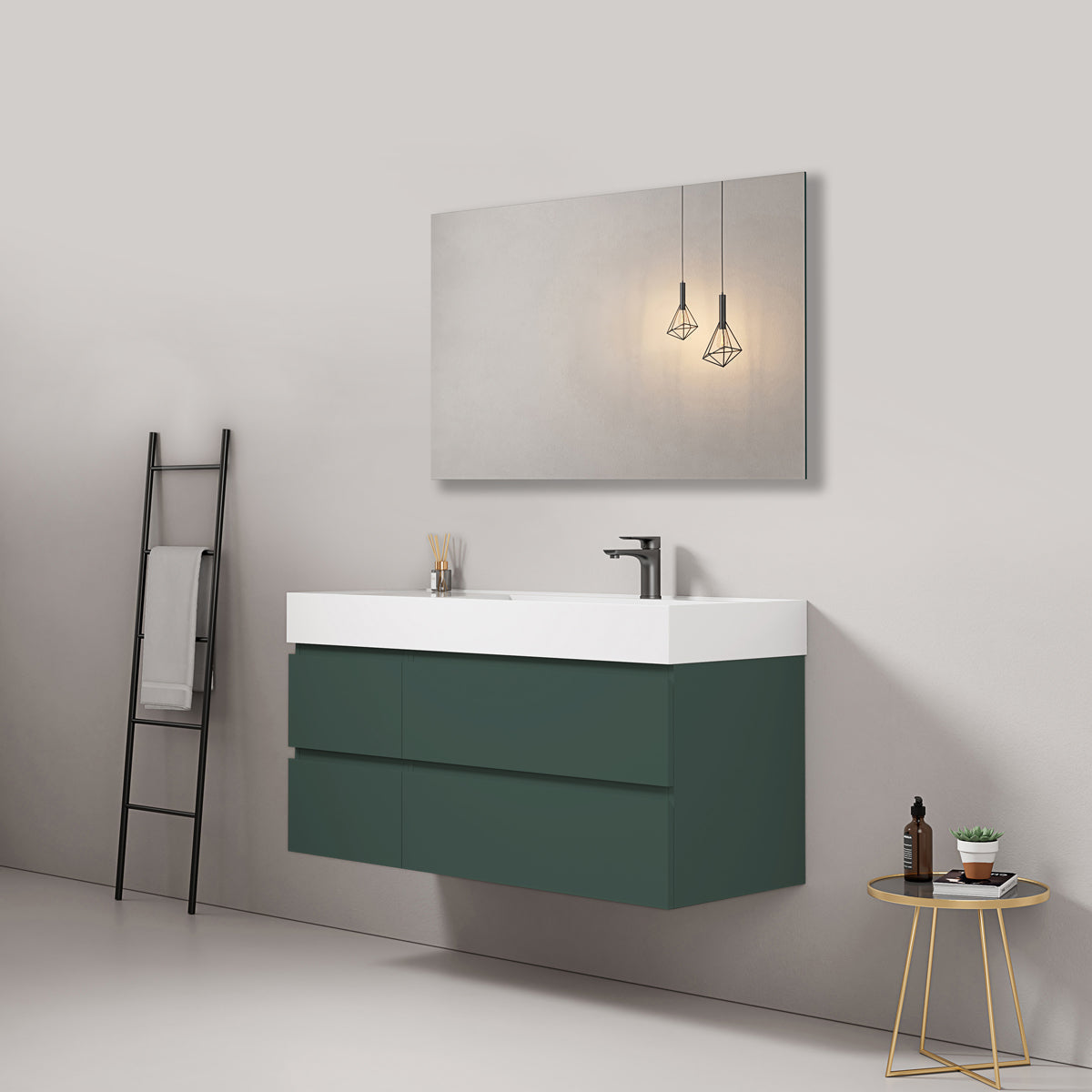 Mobile bagno sospeso 120 cm Verde Comodoro Lavabo a Destra in Resina Specchio Quadro - Fiji Paint