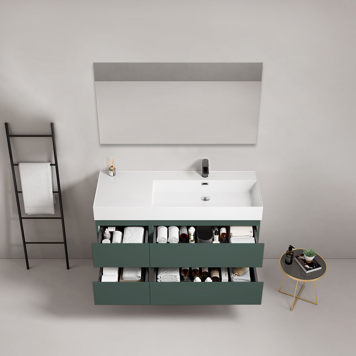 Mobile bagno sospeso 120 cm Verde Comodoro Lavabo a Destra in Resina Specchio Quadro - Fiji Paint
