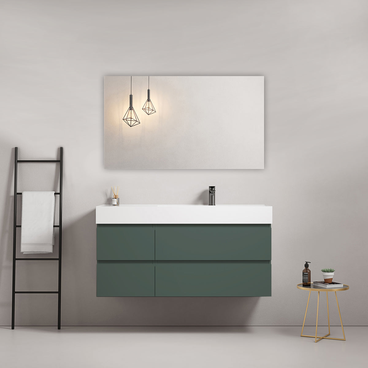 Mobile bagno sospeso 120 cm Verde Comodoro Lavabo a Destra in Resina Specchio Quadro - Fiji Paint