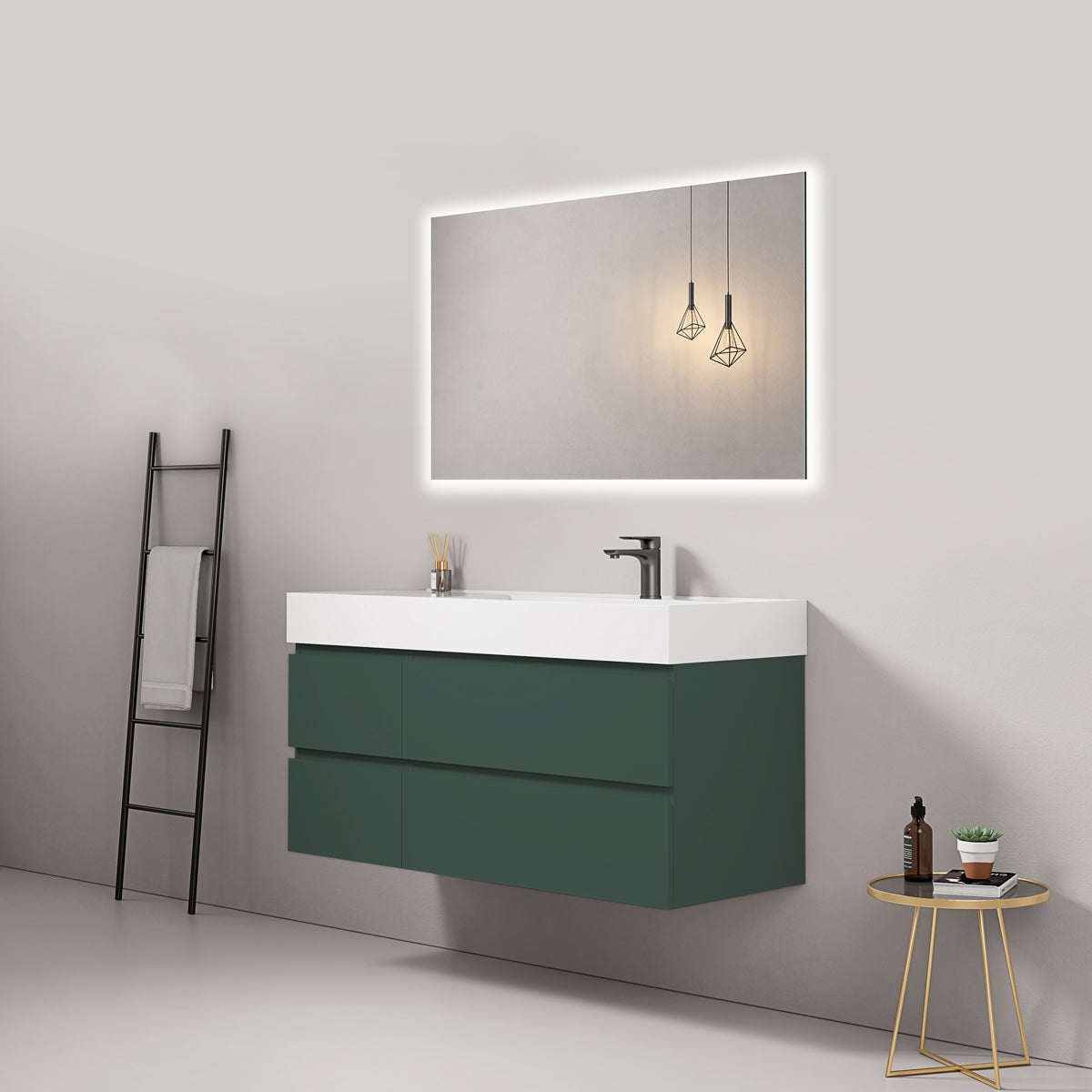 Mobile bagno sospeso 120 cm Verde Comodoro Lavabo a Destra in Resina Specchio Quadro Retroilluminato - Fiji Paint