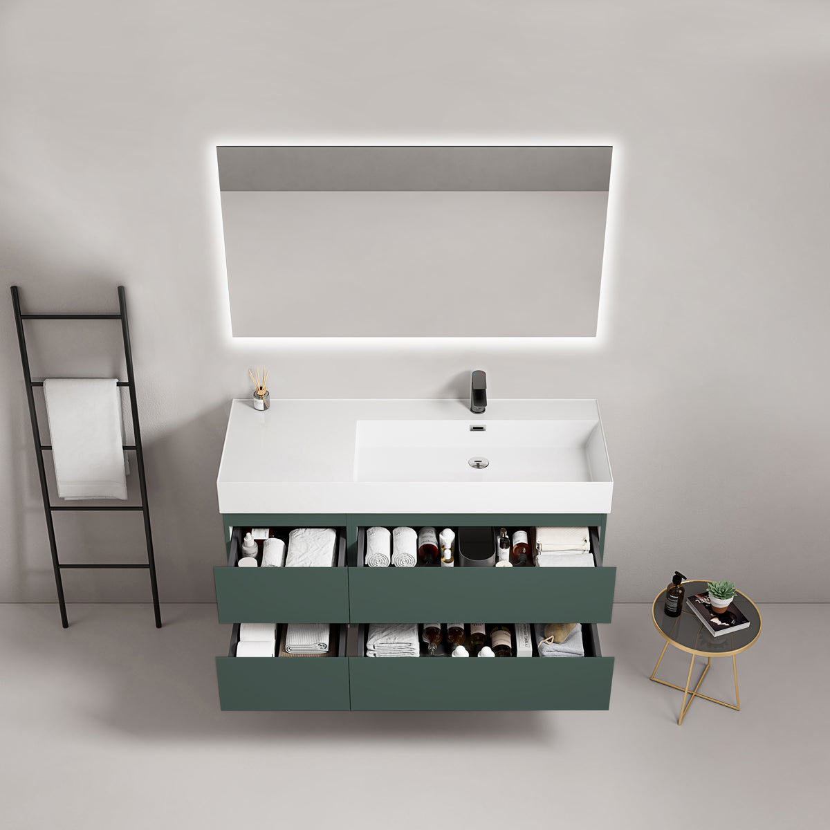 Mobile bagno sospeso 120 cm Verde Comodoro Lavabo a Destra in Resina Specchio Quadro Retroilluminato - Fiji Paint