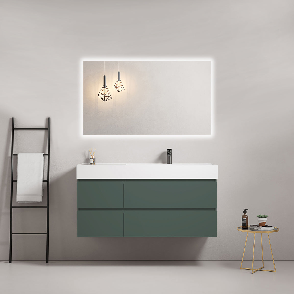 Mobile bagno sospeso 120 cm Verde Comodoro Lavabo a Destra in Resina Specchio Quadro Retroilluminato - Fiji Paint