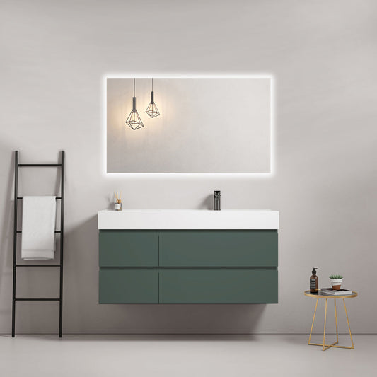 Mobile bagno sospeso 120 cm Verde Comodoro Lavabo a Destra in Resina Specchio Quadro Retroilluminato - Fiji Paint