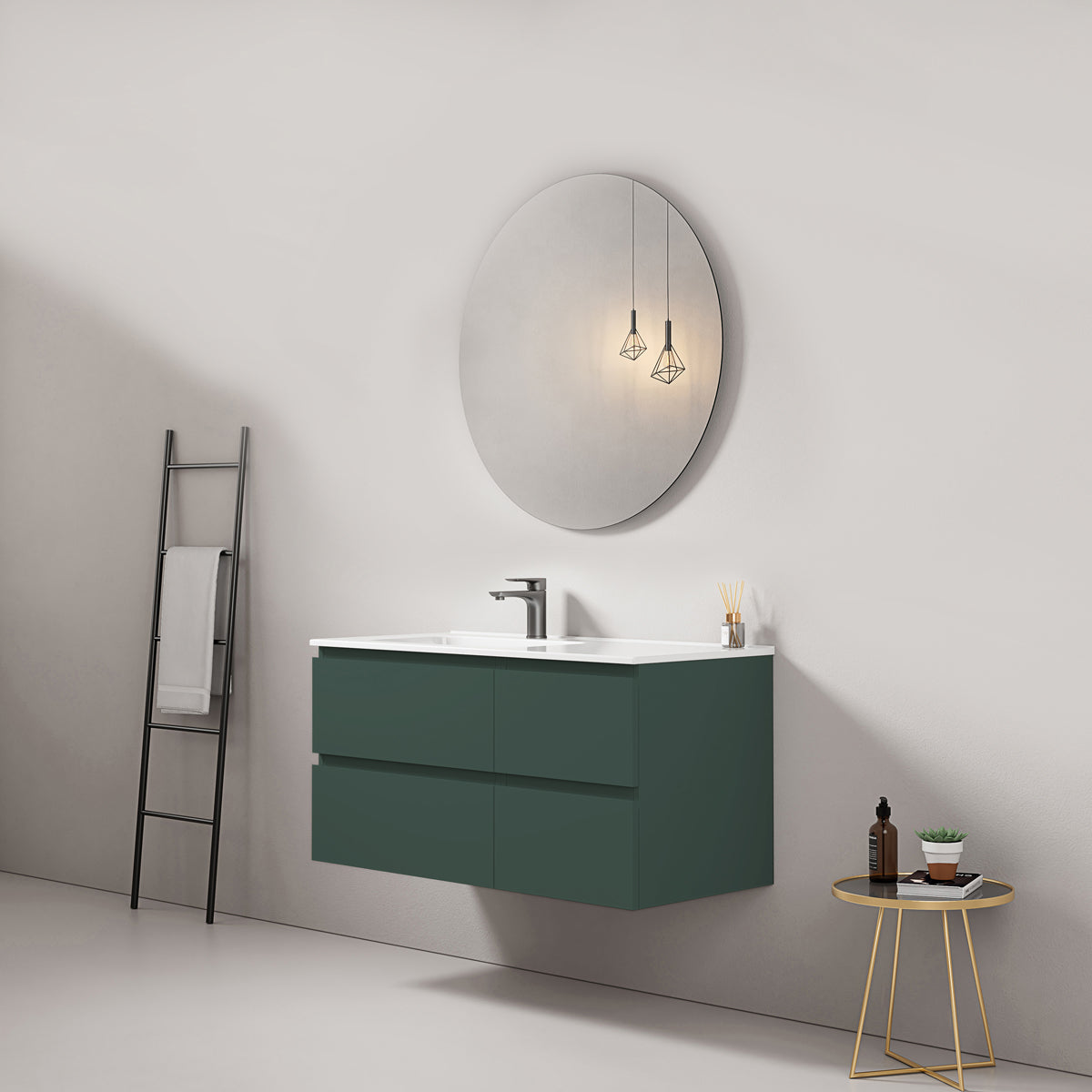 Mobile bagno sospeso 100 cm Verde Comodoro Lavabo a Sinistra in Ceramica Specchio Tondo - Fiji Paint