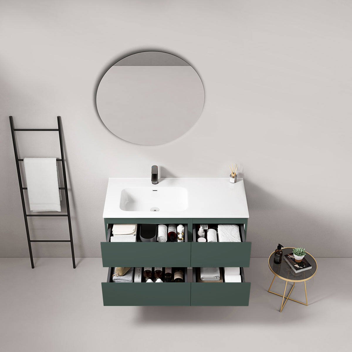 Mobile bagno sospeso 100 cm Verde Comodoro Lavabo a Sinistra in Ceramica Specchio Tondo - Fiji Paint