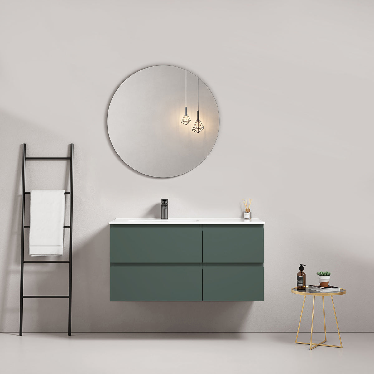 Mobile bagno sospeso 100 cm Verde Comodoro Lavabo a Sinistra in Ceramica Specchio Tondo - Fiji Paint