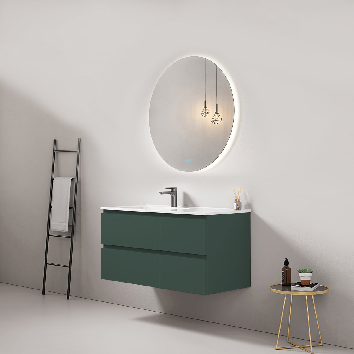 Mobile bagno sospeso 100 cm Verde Comodoro Lavabo a Sinistra in Ceramica Specchio Tondo Retroilluminato - Fiji Paint