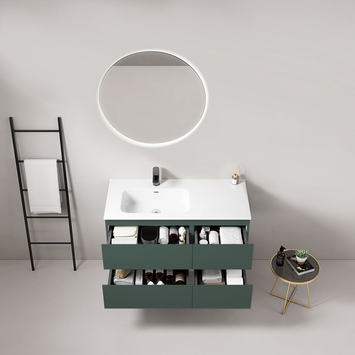 Mobile bagno sospeso 100 cm Verde Comodoro Lavabo a Sinistra in Ceramica Specchio Tondo Retroilluminato - Fiji Paint