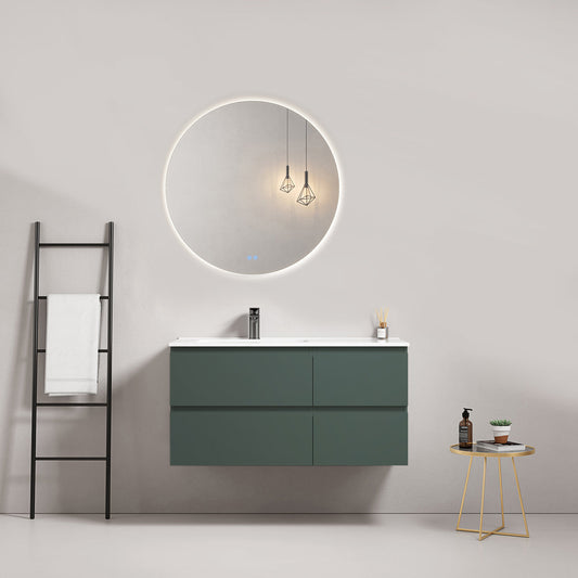 Mobile bagno sospeso 100 cm Verde Comodoro Lavabo a Sinistra in Ceramica Specchio Tondo Retroilluminato - Fiji Paint