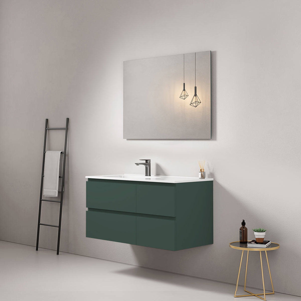 Mobile bagno sospeso 100 cm Verde Comodoro Lavabo a Sinistra in Ceramica Specchio Quadro - Fiji Paint