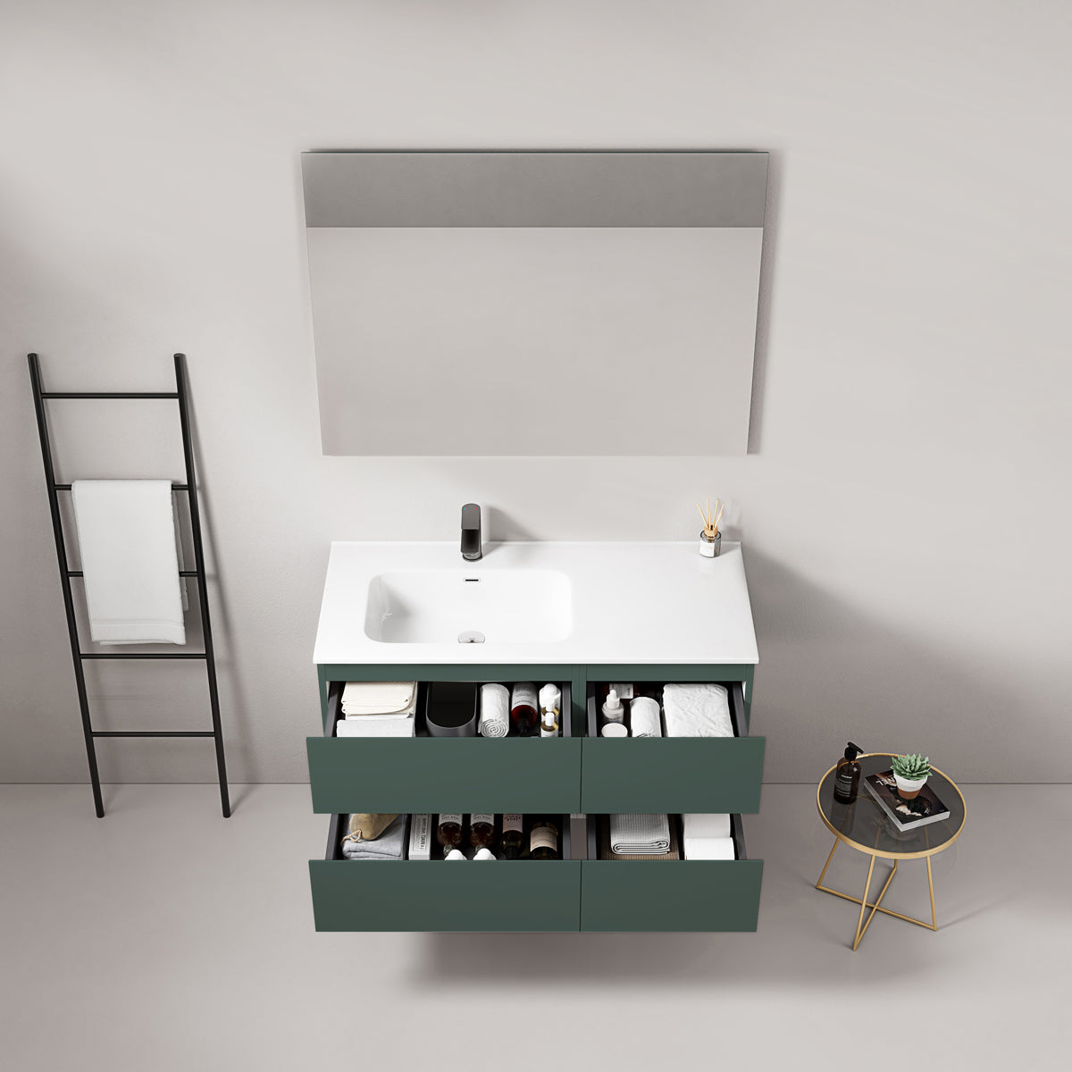 Mobile bagno sospeso 100 cm Verde Comodoro Lavabo a Sinistra in Ceramica Specchio Quadro - Fiji Paint