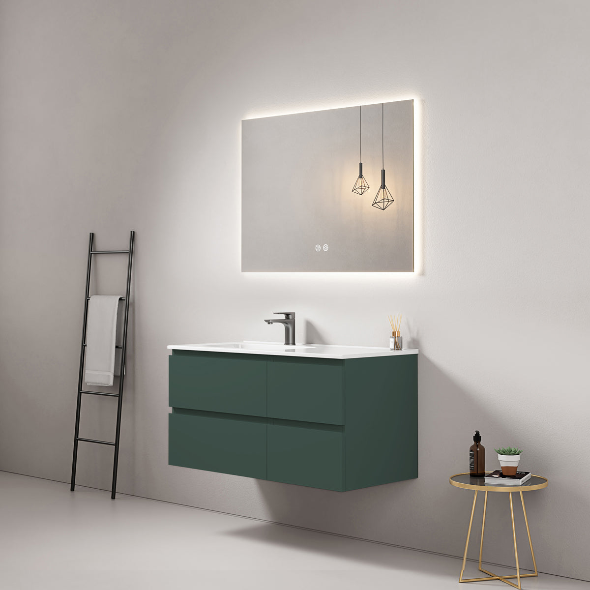 Mobile bagno sospeso 100 cm Verde Comodoro Lavabo a Sinistra in Ceramica Specchio Quadro Retroilluminato - Fiji Paint
